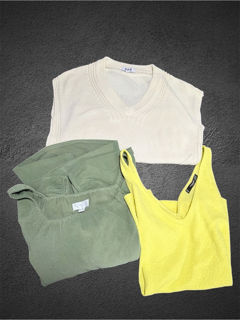 3-Piece Women’s Tank & Knit Top Set — Cream Vest, Olive Tee, Yellow Tank